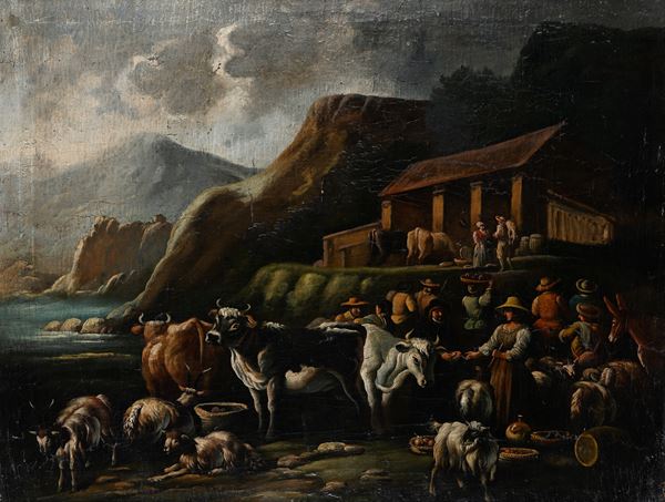 Paesaggio pastorale con armenti e contadini presso un fiume