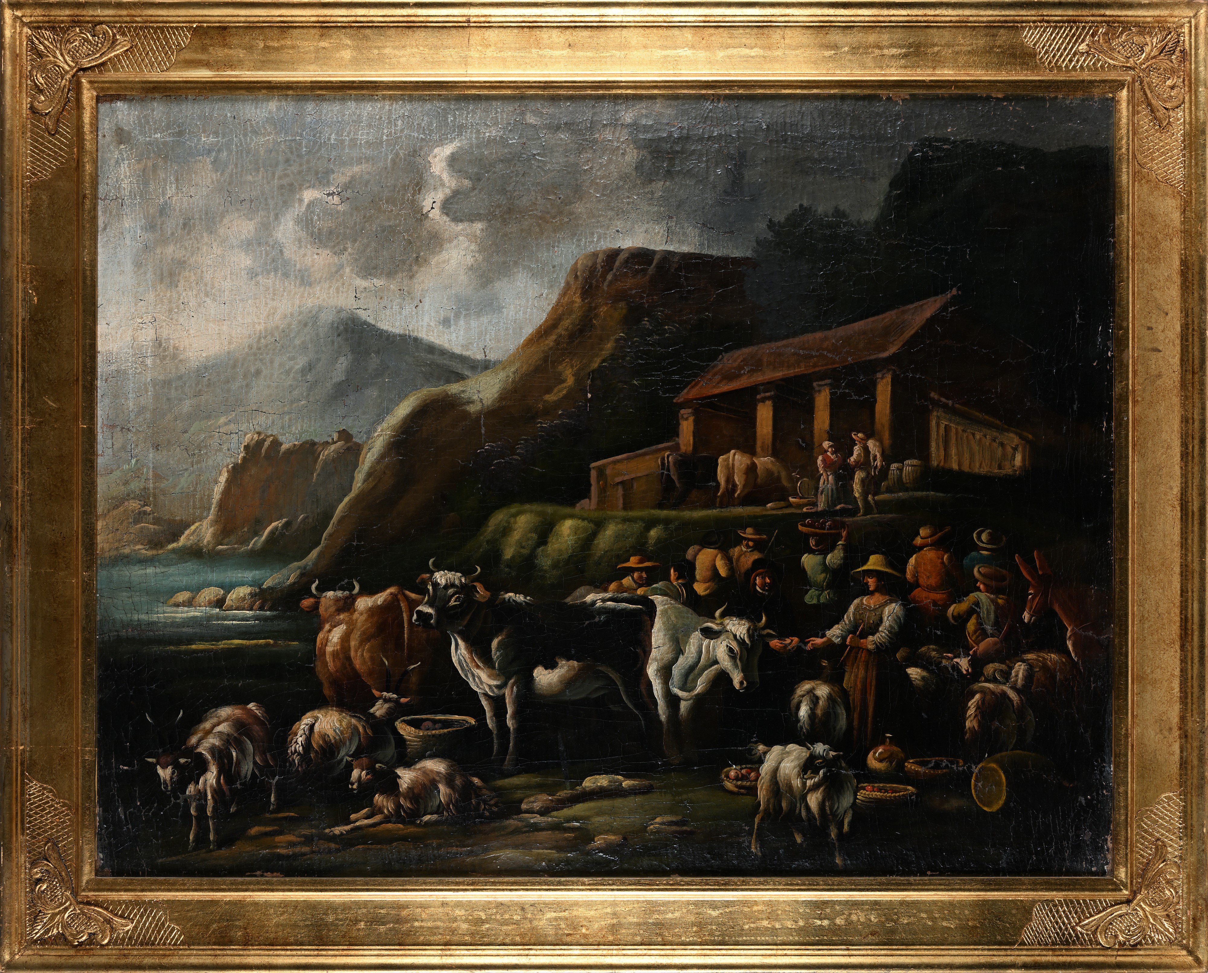 Paesaggio pastorale con armenti e contadini presso un fiume