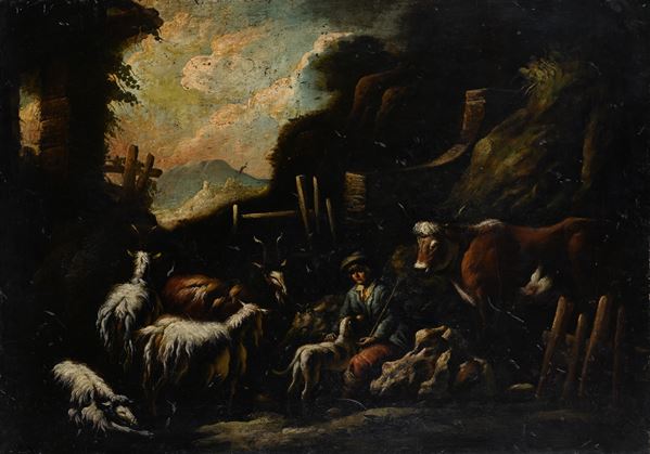 Pittore Bambocciante del XVII secolo - Paesaggio con pastore e gregge