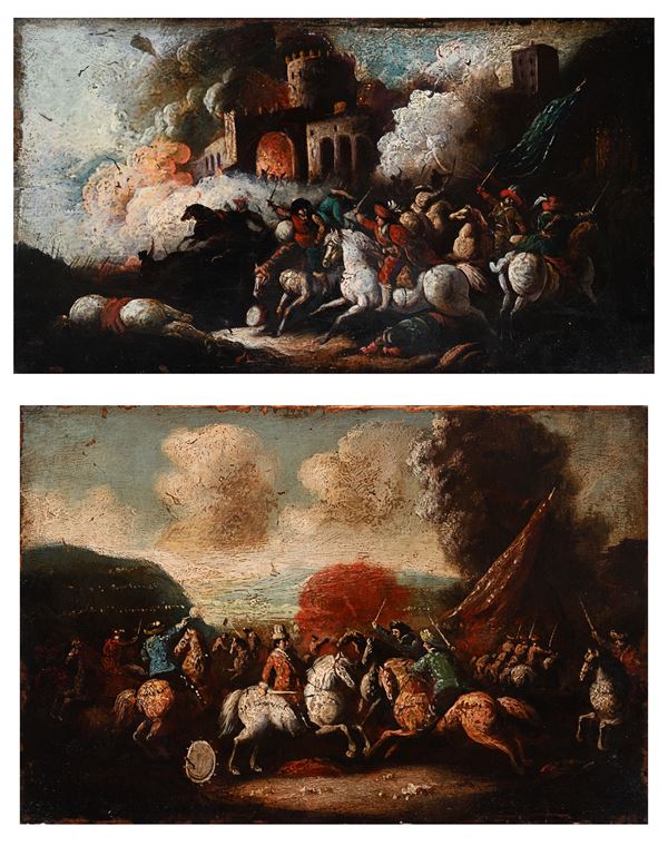 Coppia di dipinti raffiguranti scene di battaglia