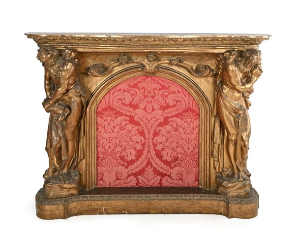 Grande mostra di camino barocca in legno scolpito, intagliato e dorato alla maniera di Andrea Brustolon, XIX secolo