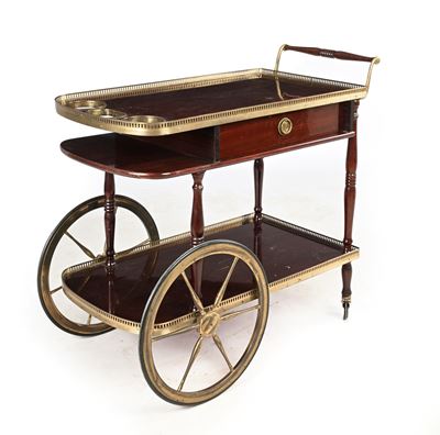 Carrello portavivande in legno con finiture in metallo dorato, cm 80x87x44