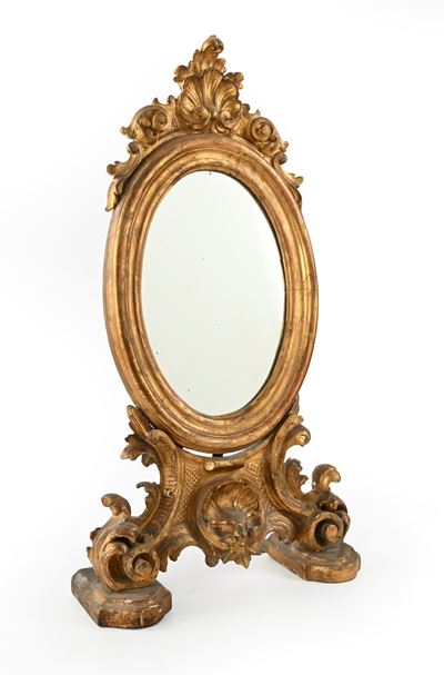 Specchiera ovale da toletta, legno scolpito e dorato