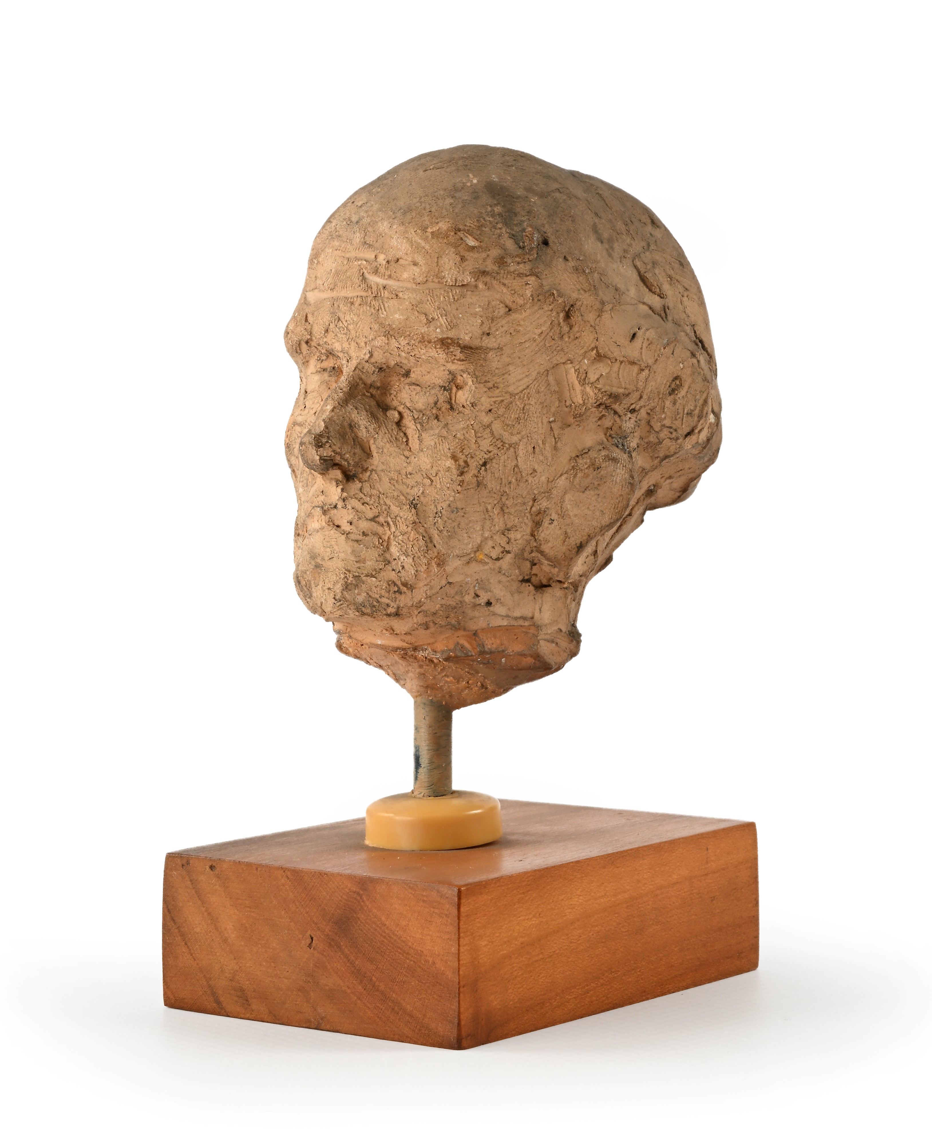 Testina in terracotta, piccola scultura su base in legno