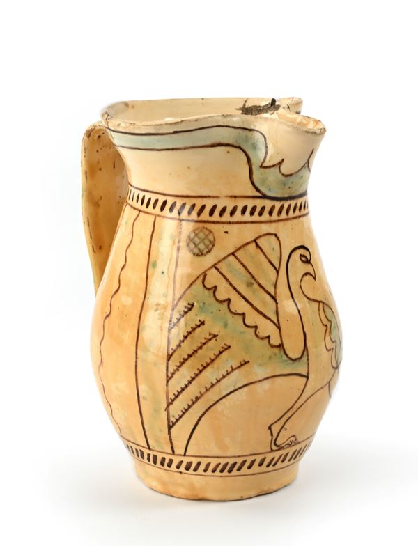 Cannata in maiolica con uccello stilizzato, Faenza, XIX secolo