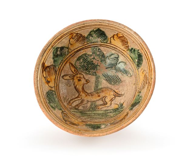 Antica coppetta in terracotta graffita e dipinta, Emilia Romagna, XVI secolo