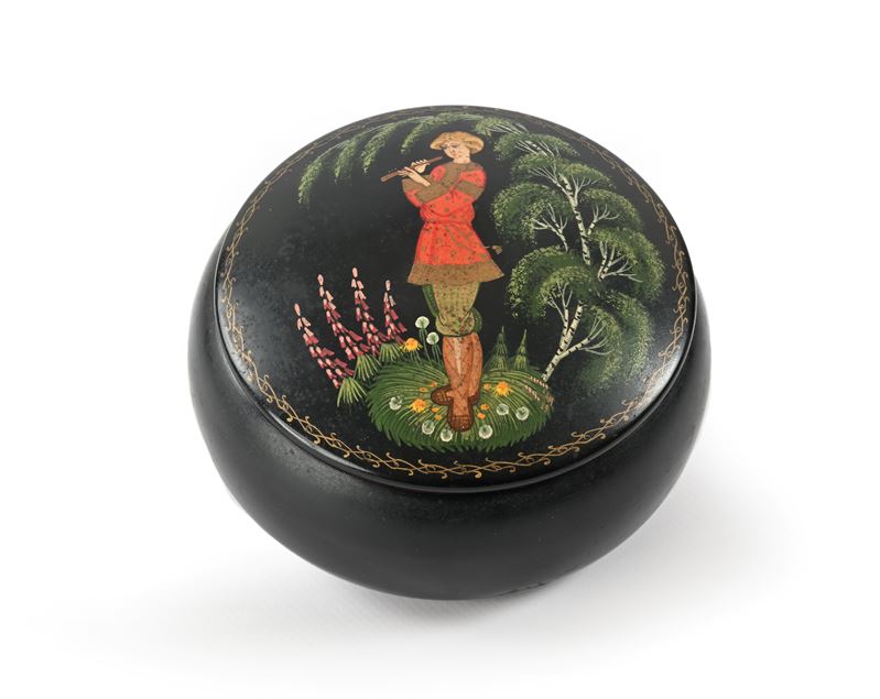 Scatola circolare in metallo smaltato, decorazione figurativa russa