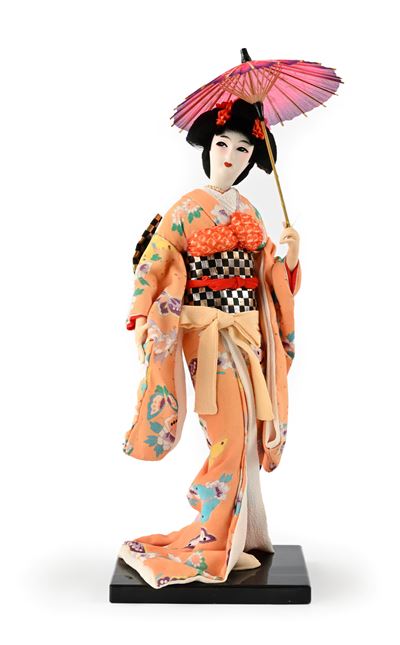 Bambola giapponese in seta, Geisha con ombrellino, h. 38 cm