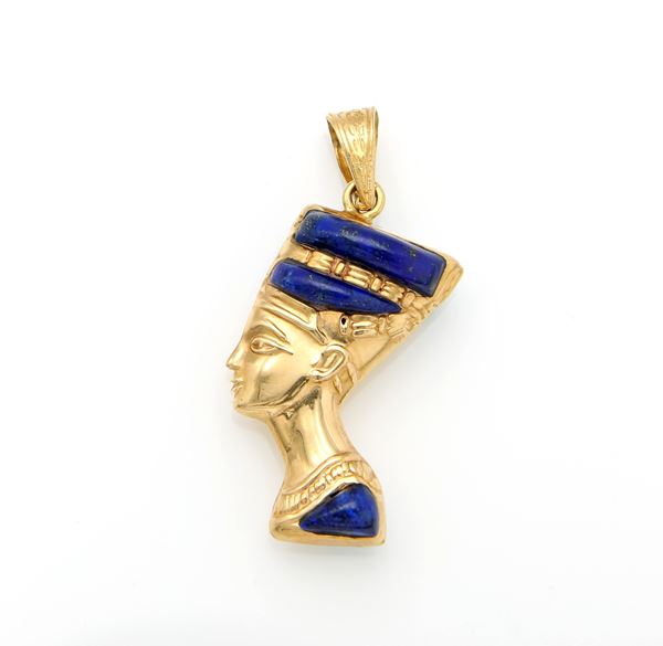 Pendente Nefertiti in oro, lapis e turchese