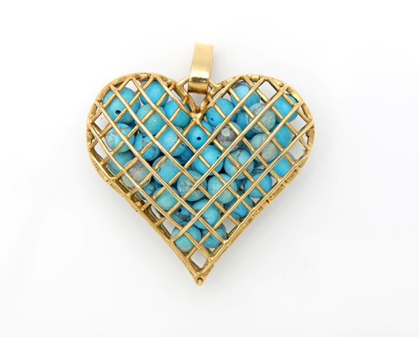 Grande pendente a cuore in oro e turchese