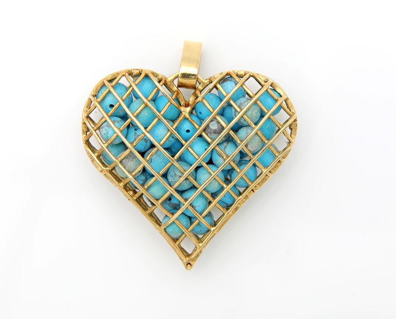 Grande pendente a cuore in oro e turchese