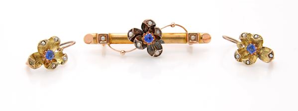 Parure antica spilla e orecchini in oro e pietre