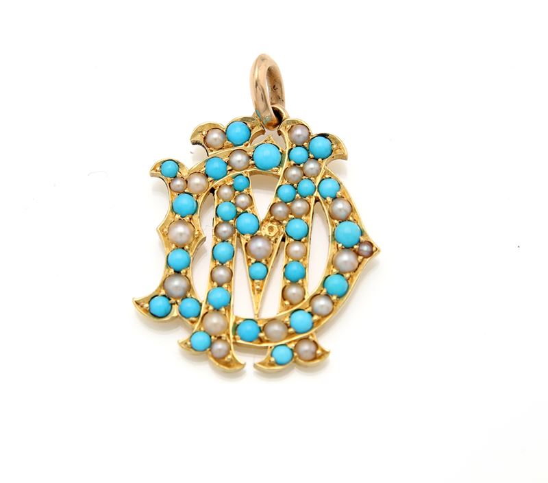 Pendente in oro 750/000 con turchesi e perle