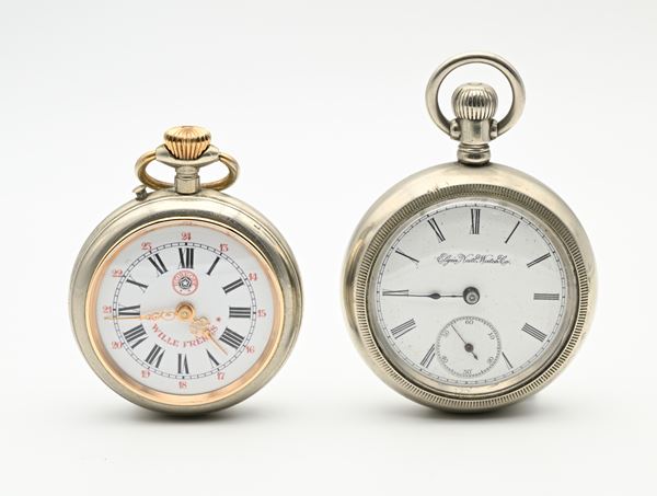 2 orologi da tasca remontoir da uomo in metallo: Wille Freres con scappamento Roskopf ed Elgin National Watch &Co con scappamento ad ancora da ferroviere  (inizi XX secolo)  - Auction Time Auction - Pocket Watches - Casa d'Aste Arcadia