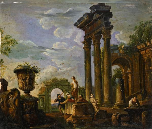 Pittore del XIX secolo - Capriccio architettonico con personaggi