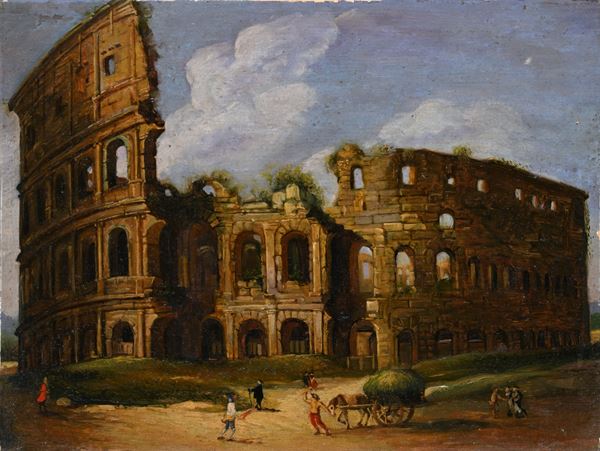 Pittore romano del XVIII secolo - Capriccio architettonico con personaggi - Colosseo