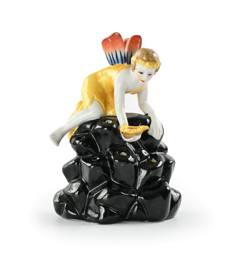 Scultura calamaio raffigurante fanciulla alata con conchiglia