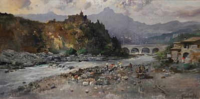 Scena di vita nei pressi di un fiume in città, olio su tela