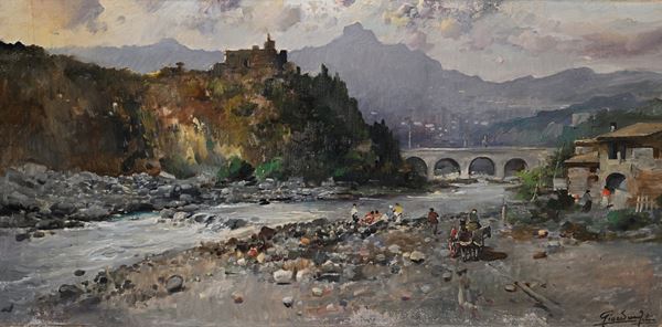 Felice Giordano - Scena di vita nei pressi di un fiume in città