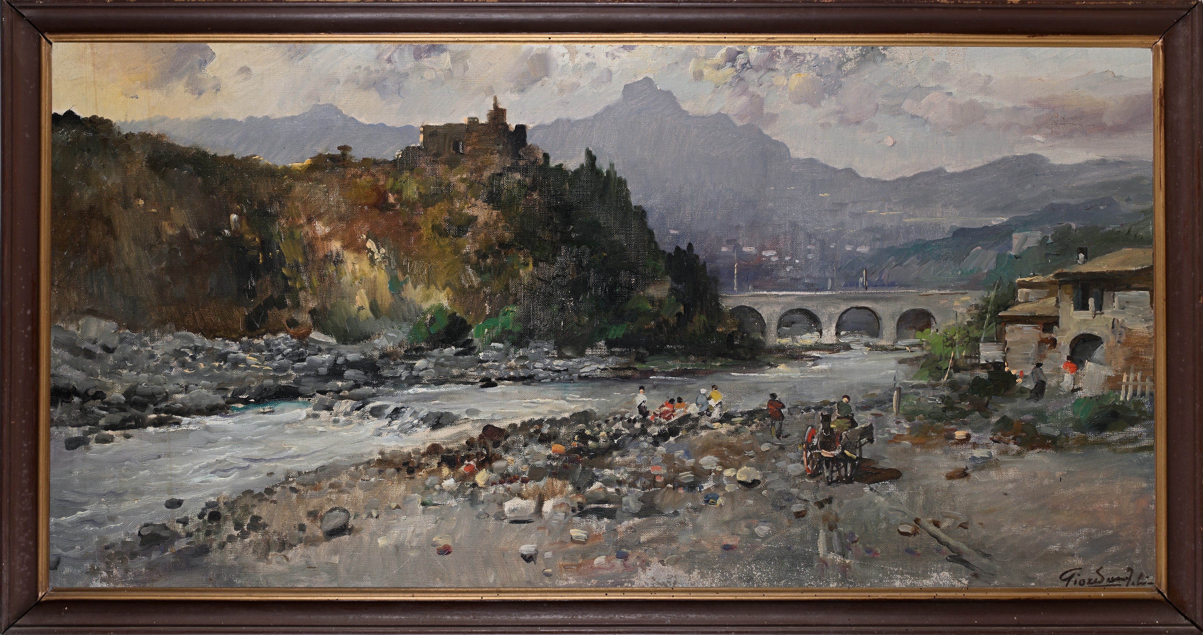 Felice Giordano - Scena di vita nei pressi di un fiume in città, olio su tela