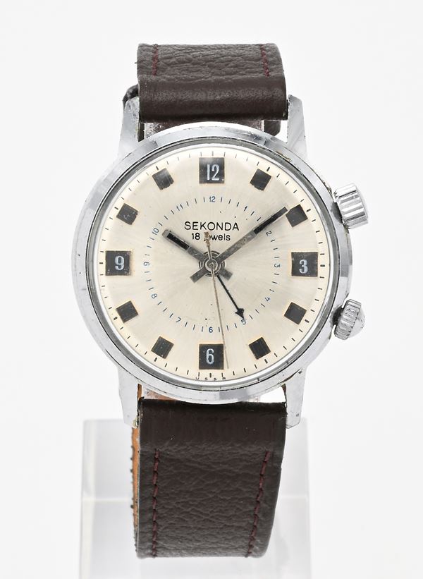 Sekonda - Orologio da polso svegliarino a carica manuale da uomo in metallo cromato con fondello in acciaio