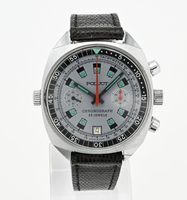 Poljot 3133 - Orologio Cronografo da polso a carica manuale con datario da uomo in metallo cromato. Ghiera interna contaminuti/secondi. Con lancette ed indici fluorescenti