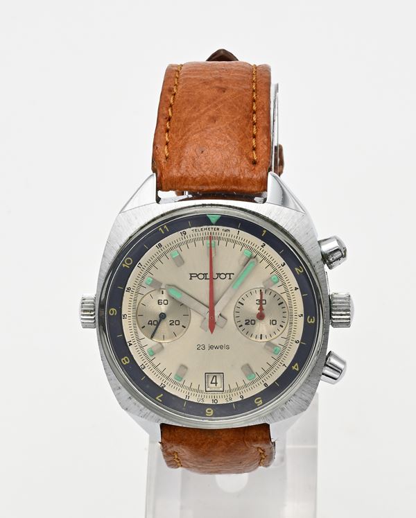 Poljot 3133 - Orologio Cronografo da polso a carica manuale con datario da uomo in metallo cromato. Ghiera interna conta ore. Con lancette ed indici fluorescenti