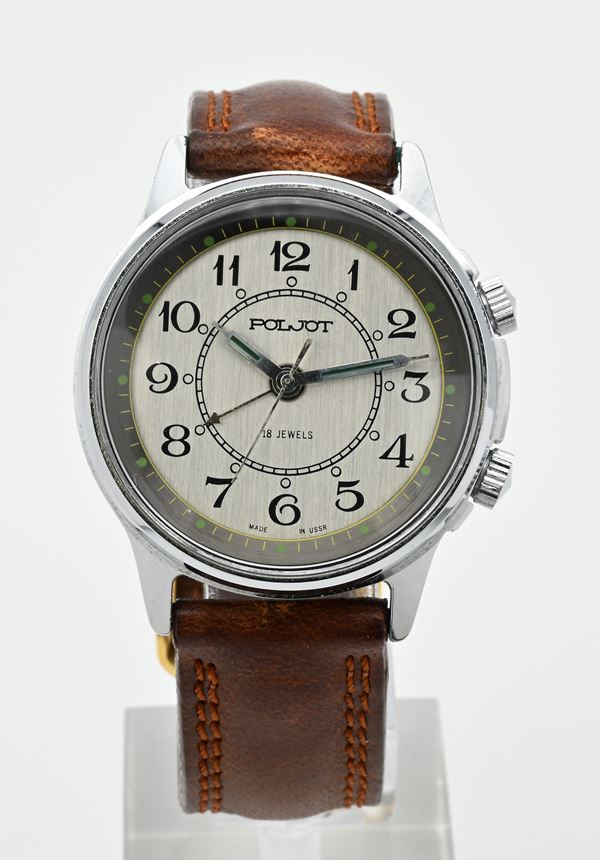  Poljot 2612.1 - Orologio da polso a carica manuale svegliarino in metallo cromato Con lancette ed indici fluorescenti