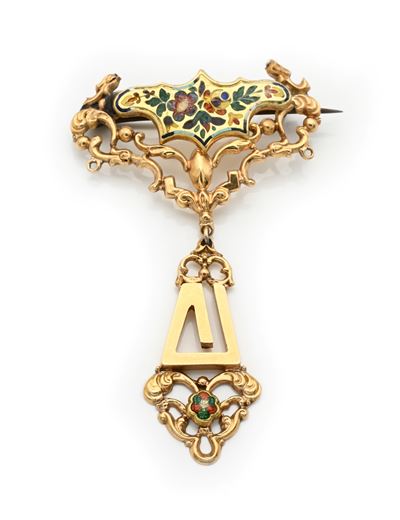 Spilla pendente antica in oro giallo 750/000 e smalti