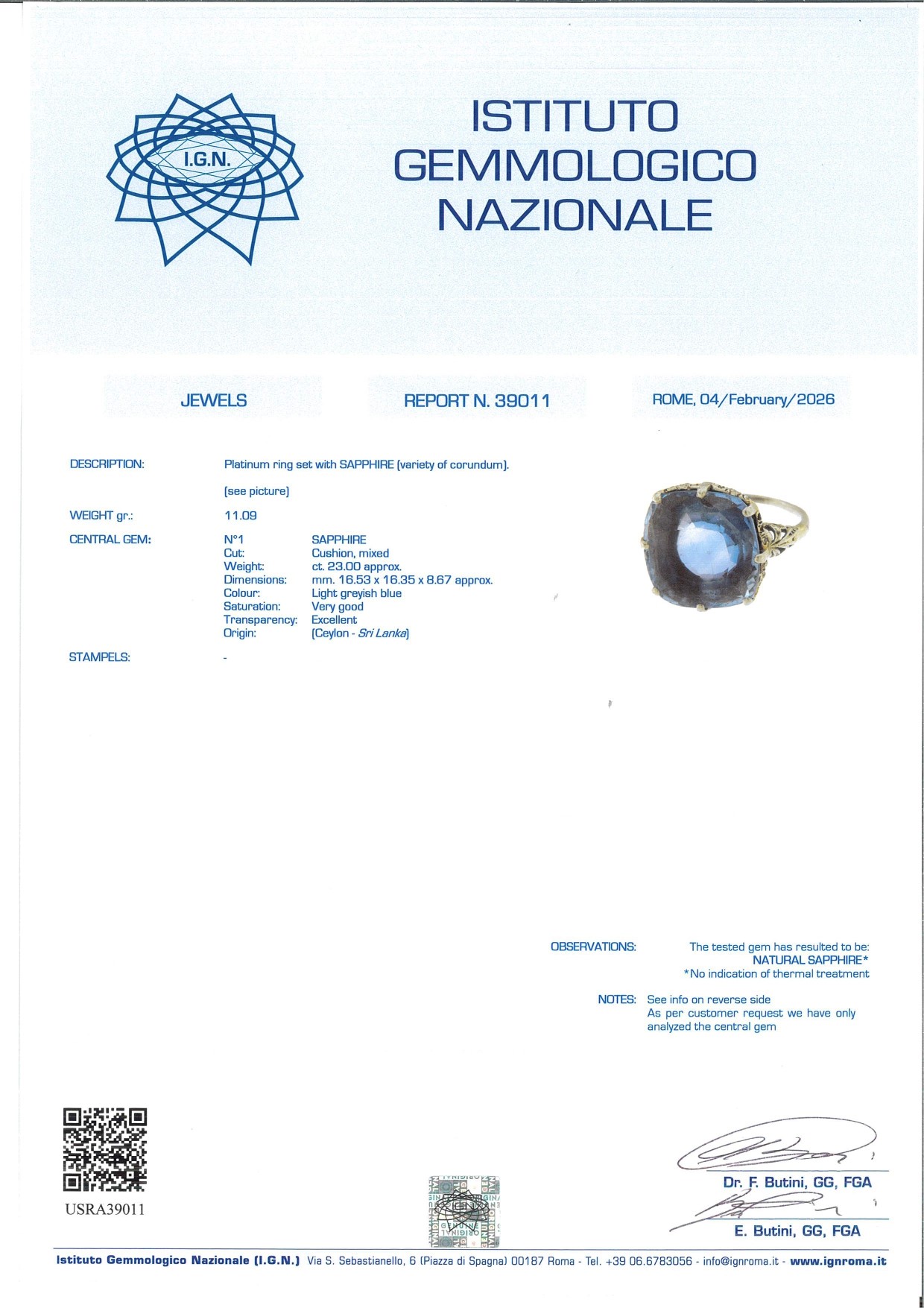 Anello antico in platino, zaffiro e diamanti