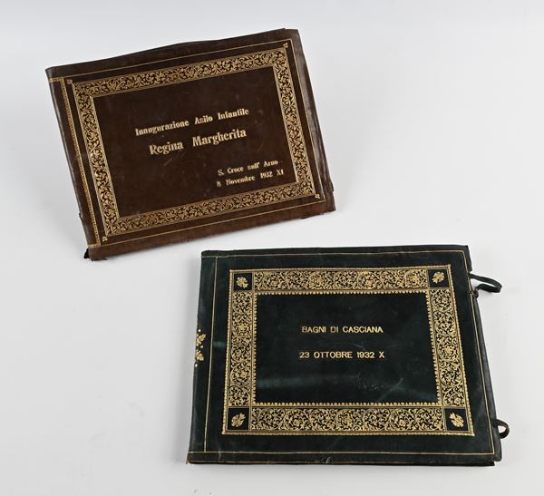 2 Album di fotografie dello Studio Locchi di Firenze: Inaugurazione di Re Vittorio Emanuele III di Savoia della lapide ai caduti di Bagni di Casciana il 23 Ottobre 1932; Inaugurazione della Regina Margherita di Savoia dell'Asilo infantile Regina Margherita di Santa Croce sull'Arno l'8 Novembre 1932