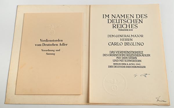 Diploma di Cavaliere con Stella e Spade dell'Aquila Tedesca dell'8 Aprile 1942 (Verdienstkreuz des Ordens vom Deutschenadler mit dem stern und mit schwertern) con il Regolamento del Verdienstorden vom Deutschen Adler + 2 Diplomi da Ufficiale e da Commendatore dell'Ordine della Corona d'Italia in data 1937 e 1938