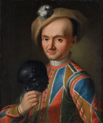 Ritratto di gentiluomo nei panni di Arlecchino, olio su tela con panneggi in rilievo