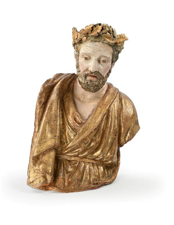 Busto di Giove in legno e cartapesta laccata e dorata, Italia settentrionale, XVII secolo