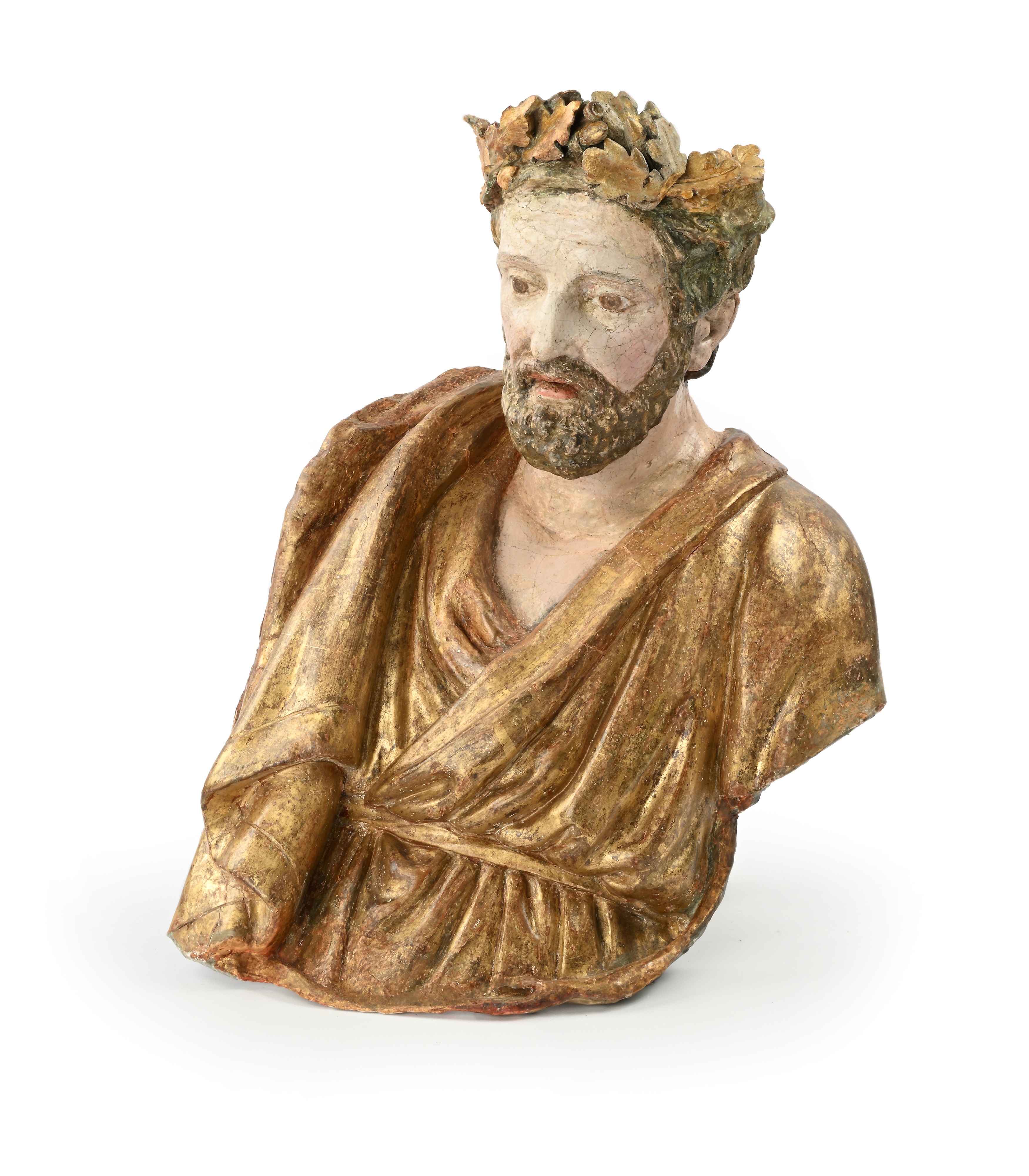 Busto di Giove in legno e cartapesta laccata e dorata, Italia settentrionale, XVII secolo