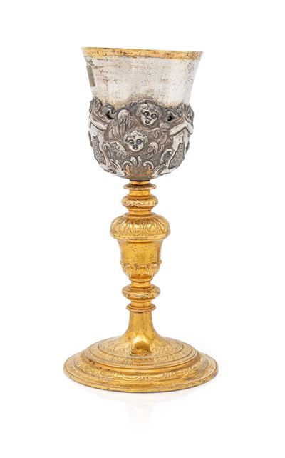 Antico calice liturgico, calice con coppa dorata e sottocoppa in argento