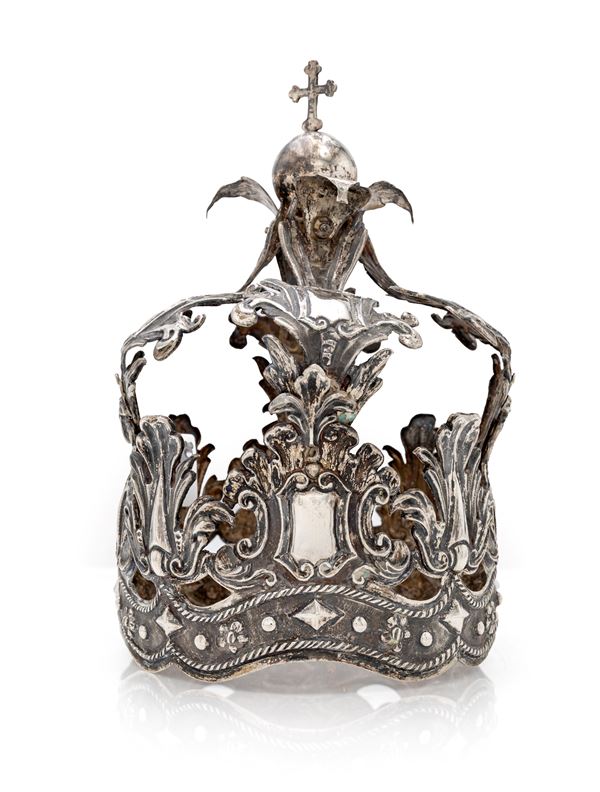 Antica corona da statua in lamina d'argento sbalzata