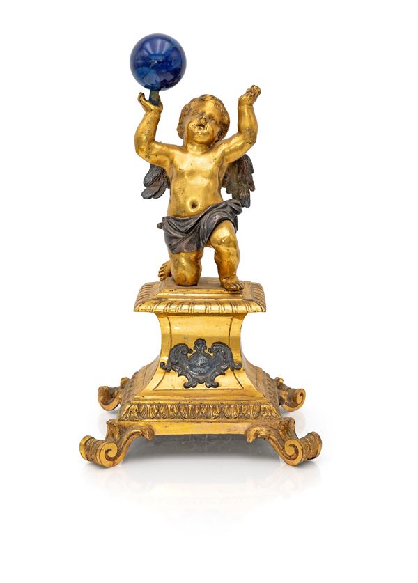 Piedistallo in bronzo dorato e argento con angelo e sfera in lapislazuli, XVII secolo