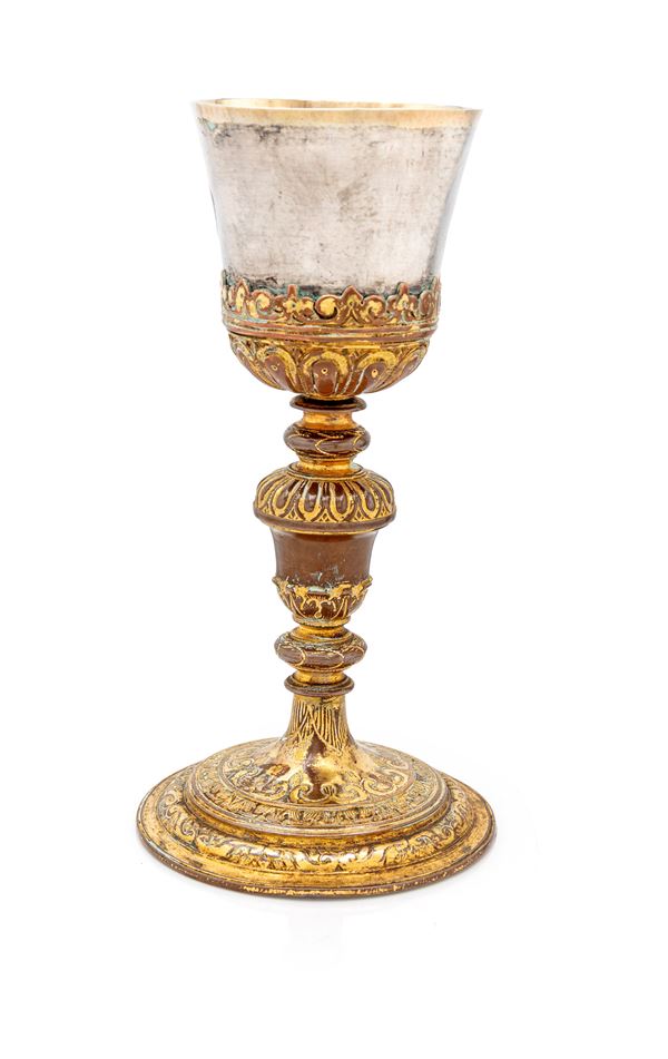 Calice liturgico in rame dorato con coppa in argento, XVII secolo