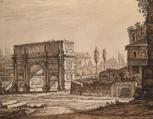 Antonio Acquaroni : Veduta con Arco di Costantino  - penna, inchiostro bruno e inchiostro acquerellato su tratti incisi su carta - Auction Works on Paper - from the 16th to the 19th century - Casa d'Aste Arcadia