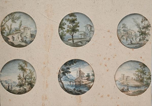 Sei ovali con Vedute campesti  - Inchiostri acquerellati su carta - Asta Works on paper - dal XVI al XIX secolo - Casa d'Aste Arcadia
