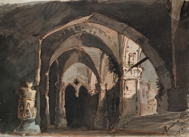 Scuola Bolognese del XIX Secolo - Studio di interno gotico