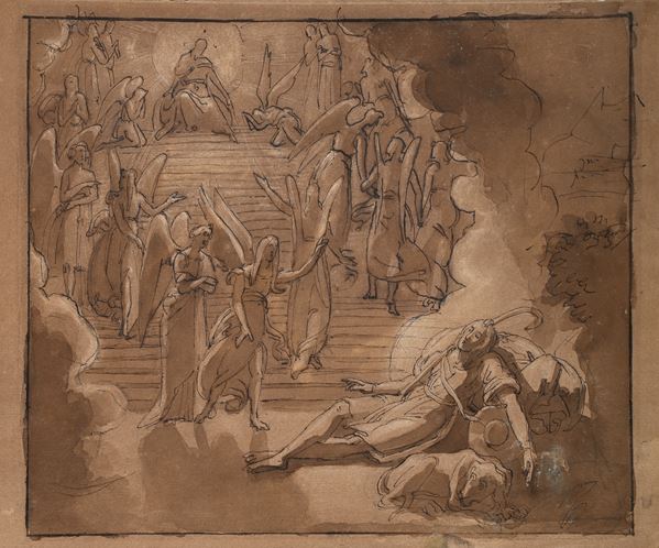 Francesco Coghetti : Recto: Il Sogno di Giacobbe - Verso: Studio accademico  - China e inchiostro acquerellato su carta - Auction Works on Paper - from the 16th to the 19th century - Casa d'Aste Arcadia
