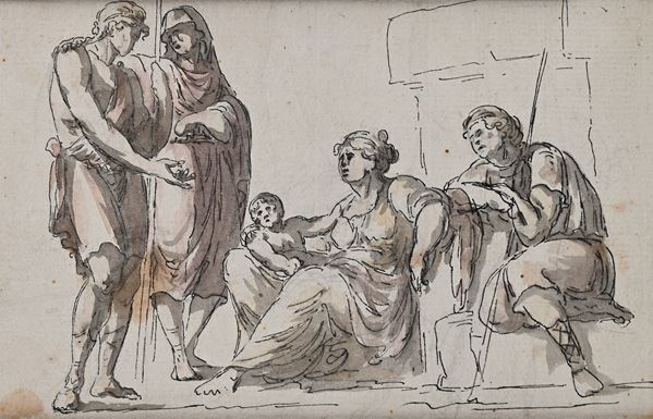 Scuola romana della fine del XVIII secolo : Scena classica  - China, penna e inchiostro acquerellato su carta - Auction Works on Paper - from the 16th to the 19th century - Casa d'Aste Arcadia