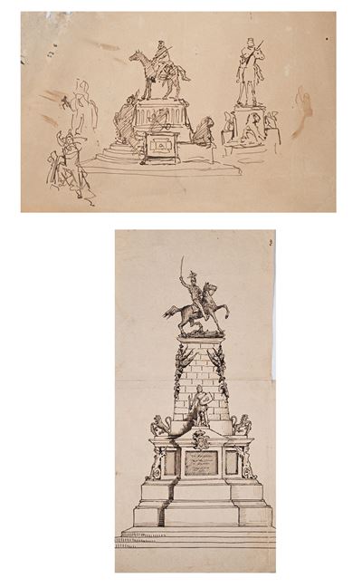 Coppia di studi per monumenti equesti, china su carta