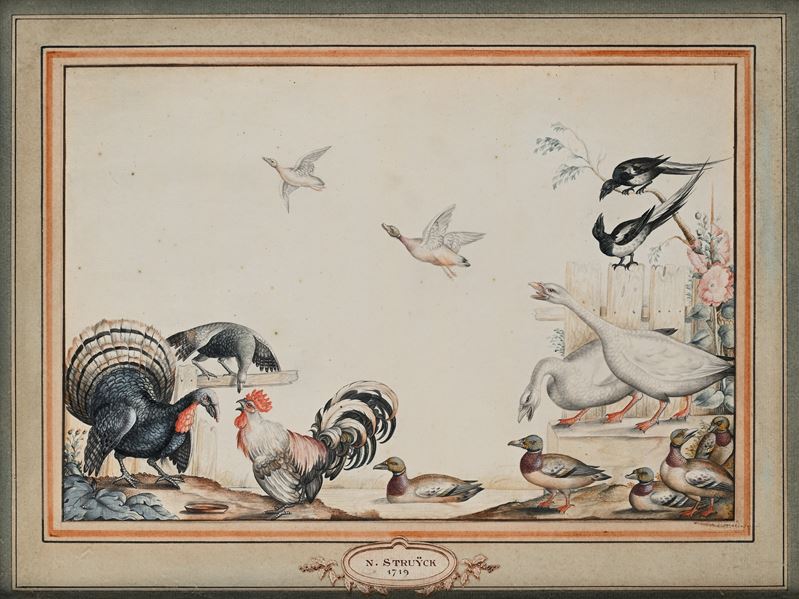 Veduta con uccelli acquatici e fiori