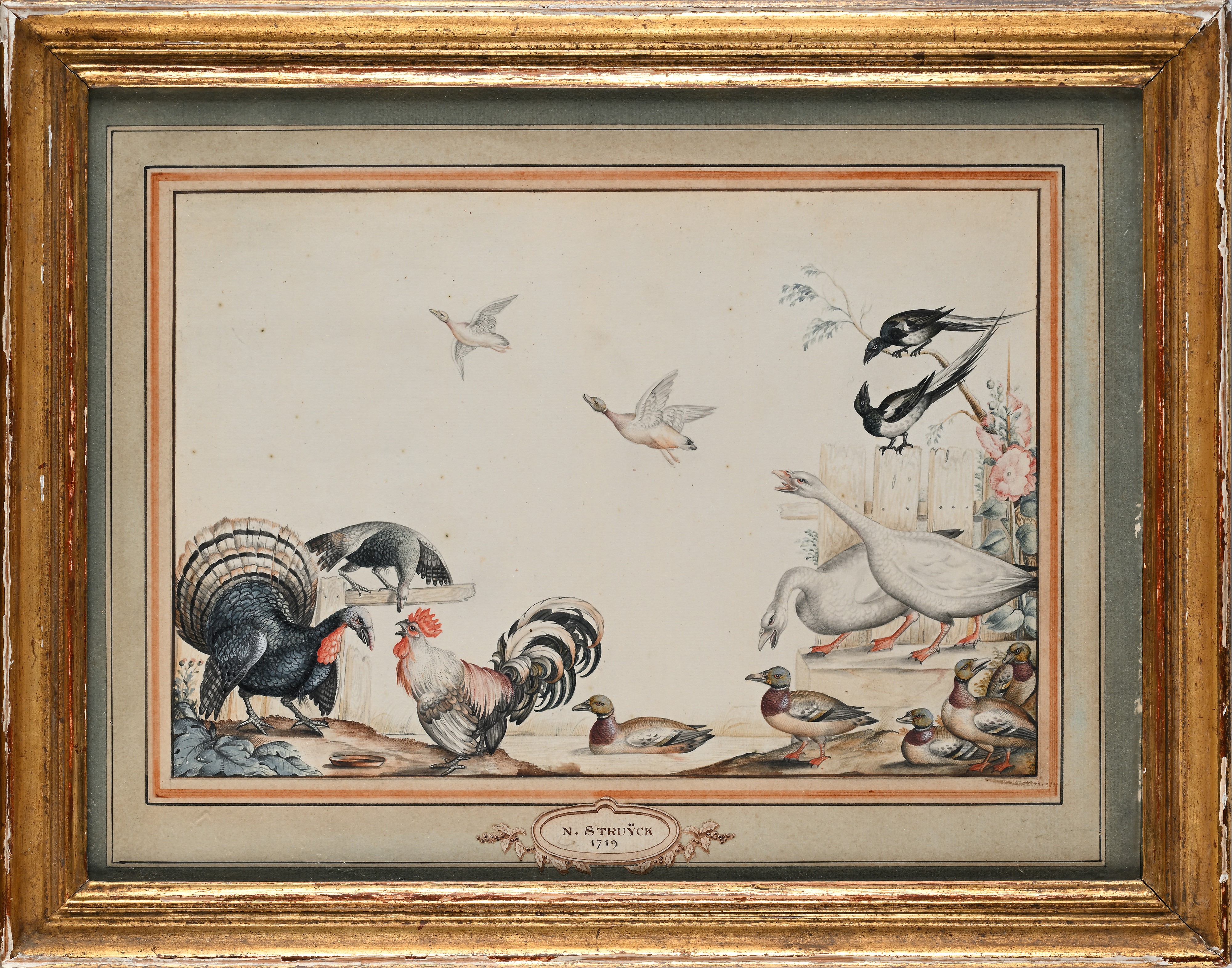 Veduta con uccelli acquatici e fiori