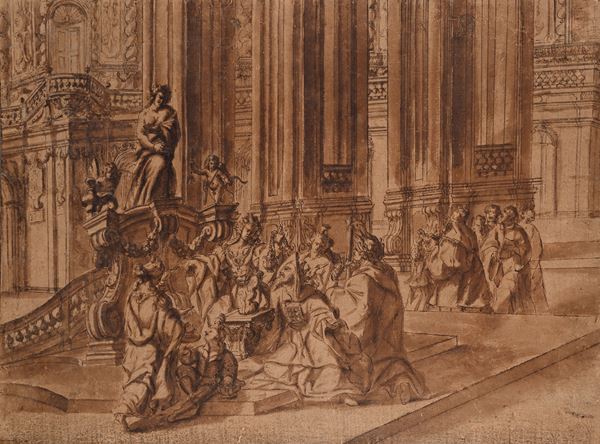 Scuola francese del XVIII secolo : Scena con offerta votiva  - Penna, china e inchiostro bruno acquerellato su carta - Auction Works on Paper - from the 16th to the 19th century - Casa d'Aste Arcadia