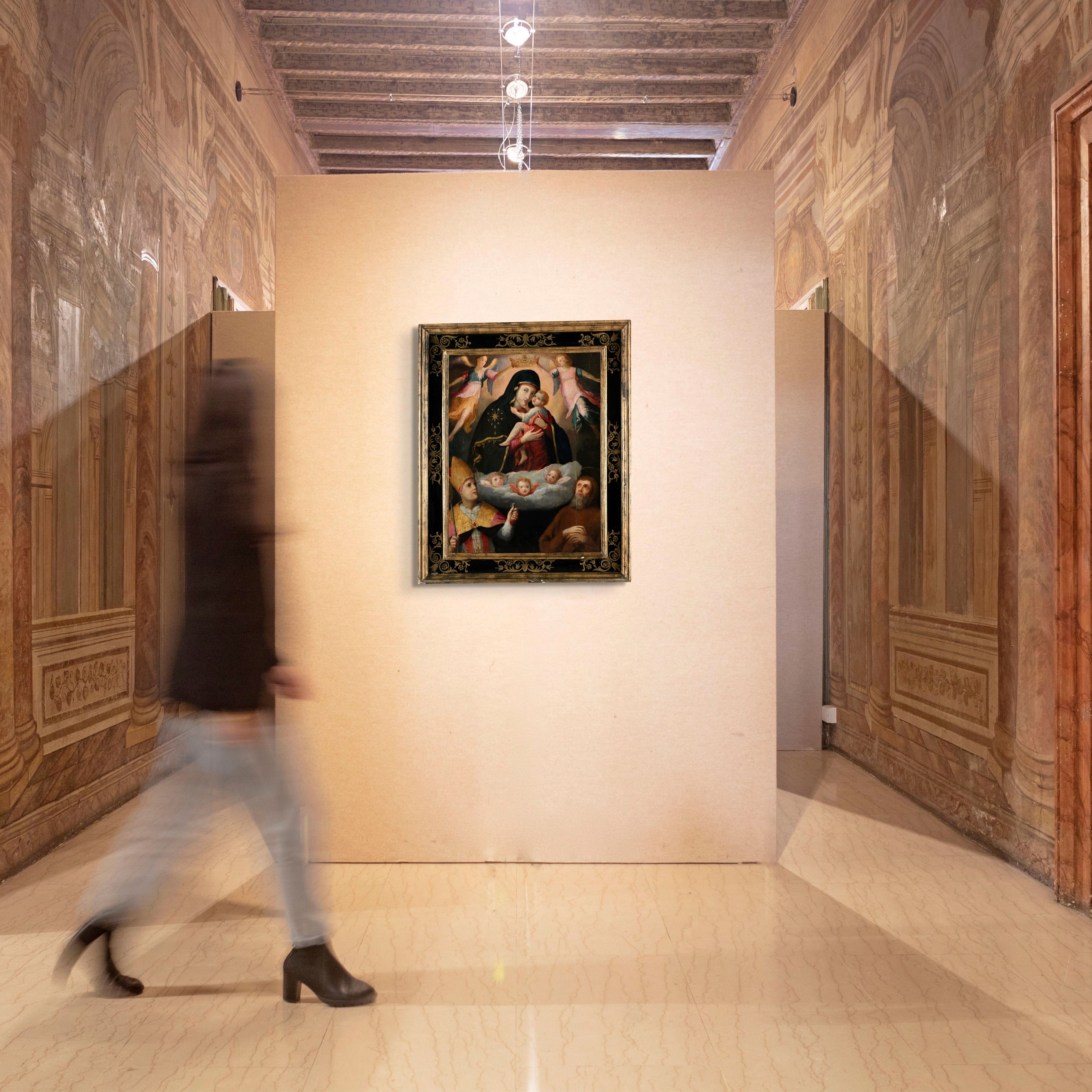 Pittore Napoletano del XVI Secolo - Madonna Regina del cielo col Bambino, San Gennaro e santo ere...