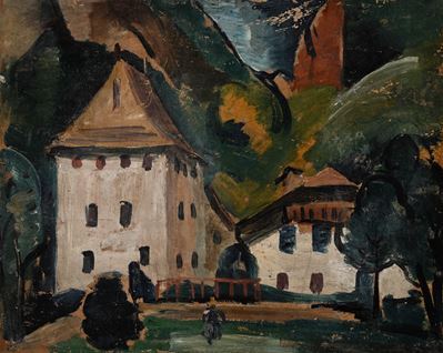 Paesaggio con alberi e case, olio su carta intelata